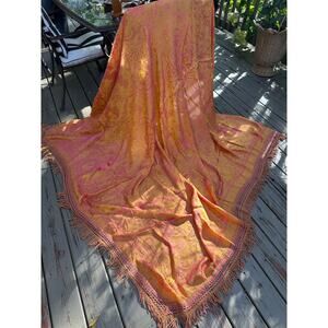 Vintage Blanket Coverlet Embroidered Brocade angels Centaurus pink orange fringe